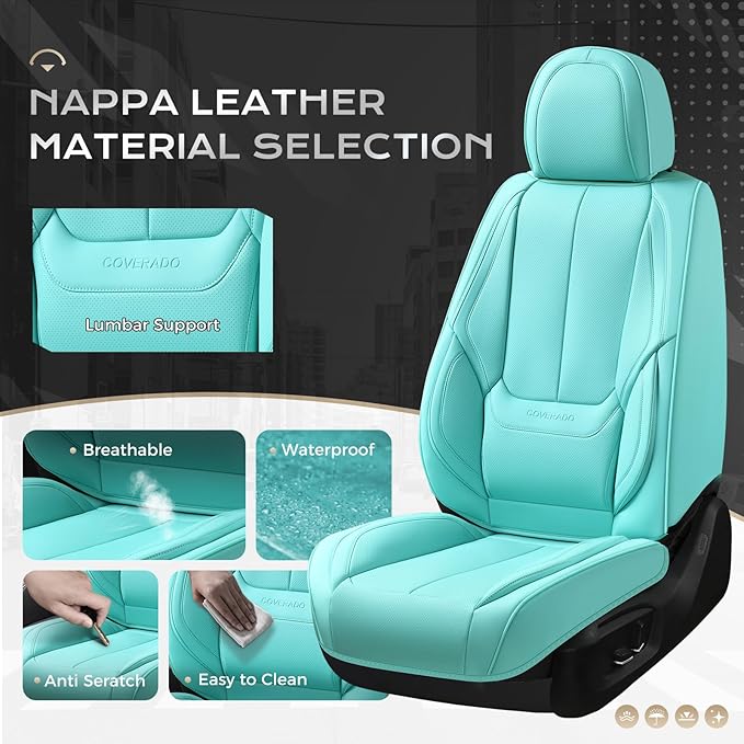 Coverado Car Seat Covers Full Set, Car Seat Protector Waterproof, Nappa Leather Car Seat Cushion, Seat Covers for Cars, Front Seats and Back Universal Fit for Most Cars