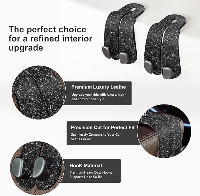 CoBak Purse Hook for Car - Universal Premium Stitched Leather and Aluminum-Magnesium Alloy Double Car Seat Back Storage Hook for Purses, Handbags, Bags (2 Pack),Glitter Black