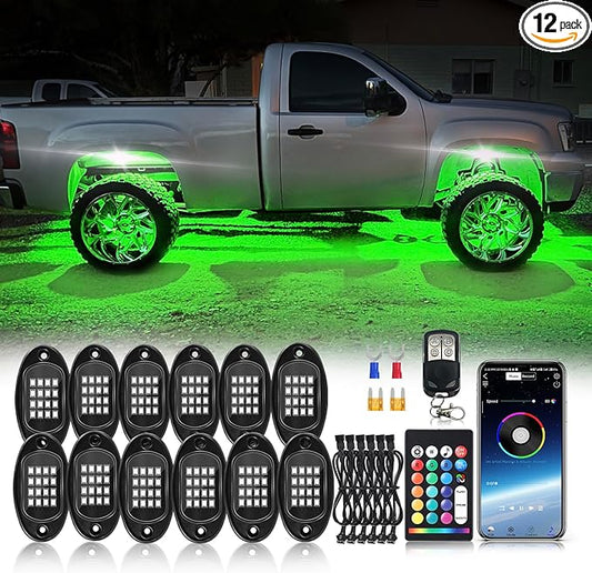 12Pods Segmented RGB LED Rock Lights Kit with APP/RF Remote Control, Upgraded Multicolor Underglow Lights Neon Music Mode 12V Underbody Light for Trucks Pickup Jeep Golf Cart ATV UTV RZR SXS