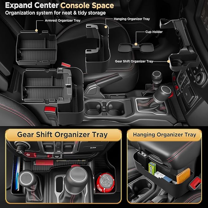 for Jeep Wrangler JL JLU 4XE(2018-2026) & Gladiator JT(2020-2026) Center Console Organizer Tray [Maximize Storage & US Patent] Cup Holder for Jeep Gladiator & Wrangler Accessories Black