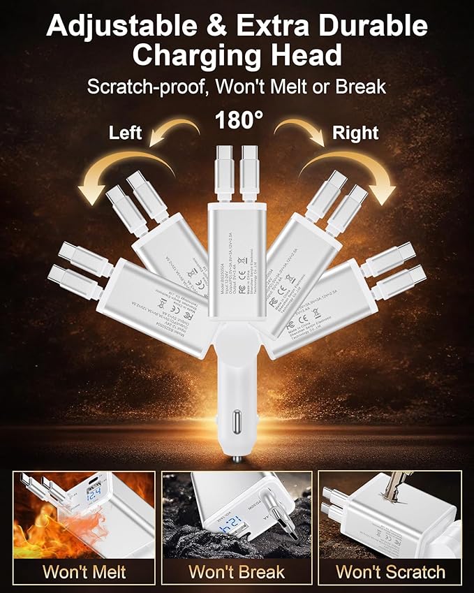 Retractable Car Phone Charger USB C, 4 in 1 Fast Car Charging Adapter with 2 Flexible USB C Cable for iPhone 17e 17 Samsung S26 Android, USBC Cigarette Lighter Gift for Men Android Auto Adapter