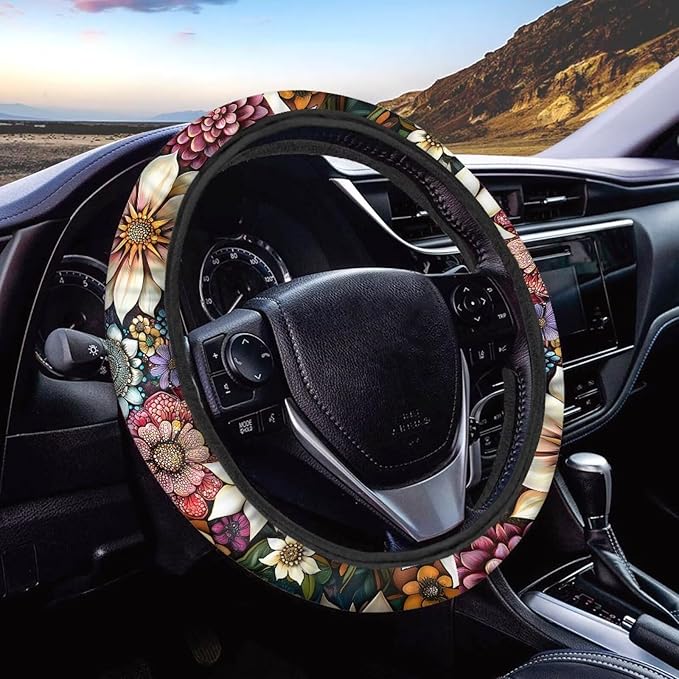 AFPANQZ Boho Flower Pattern Auto Steering Wheel Covers Sweat Absorption Comfort Grip Anti-Slip Safety Stretch-on 14-15 inch Easy Fix Machine Washable Steering Wheel Protection