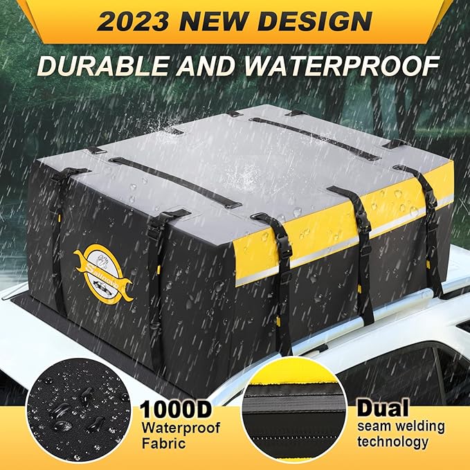 Sailnovo Car Rooftop Cargo Carrier Bag 20 Cubic, PVC Vehicle Soft-Shell Car Top Carrier for Cars with/Without Roof Rack, Waterproof Roof Bag Includes Anti-Slip Mat,10 Reinforced Straps, Yellow