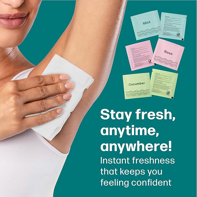 Dew Well Deodorant Wipes - On-the-Go Travel Deodorant - Fresh Mint, Rose & Cucumber Scents Body Wipes for Women - Aluminum, Paraben & Sulfate Free Mini Toiletries - 50 Count, Mint/Rose/Cucumber
