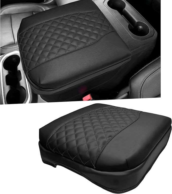 1.2in Thickness Center Console Cover for Chevy Silverado/GMC Sierra 1500 Accessories 2019-2025 2026, Tahoe & Suburban & Yukon 2021-2026 Armrest Cover Leather Cushion Protector Pad Bucket Seat (Black)