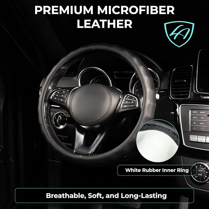 Lord Autofashion Steering Wheel Cover – PU Leather, Non-Slip Rubber Inner, All-Season Comfort – 14.5–15 Inch (Black 8571)