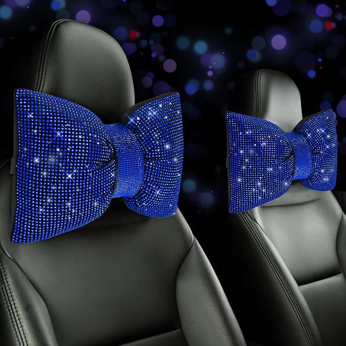 2 PCS Bling Car Pillows,Rhinestones Bowknot Car Headrest Pillow,Car Neck Pillow for Driver Relax Necksupport,Sleeping Travel Support Neck Pillow,Shiny Diamond Interior Accessories for Women,Blue