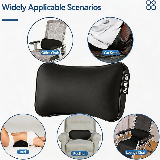Big Hippo Lumbar Support Pillow for Car & Office Chair - Memory Foam Back Cushion for Lower Back Pain Relief, Ergonomic Back Support with Breathable Cover for Home, Truck, Wheelchair