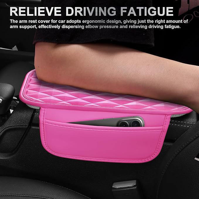 CAR PASS 3D Rhombus Pink Leather Steering Wheel Cover Car Accessories Set, Center Console Armrest Cushion with Storage Bags 2 Non-Slip Cup Coasters, 14.5-15in Cute Car Interior Sets, 4 PCS Hot Pink