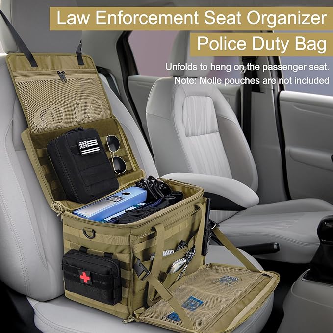 Patrol Bag Law Enforcement Police Gear Bag, Car Front Seat Organizer Tactical Officer Duty Bags, Police Car Accessories for Passenger Seat, Multiple Compartment Removable Shoulder Strap, khaki