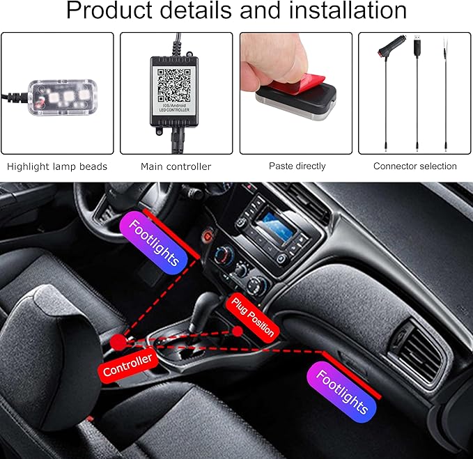 RGB Car Footwell Ambient Lighting Kit USB 16.7 Millions Colors Sound Active Music Sync APP Control + RF Remote Controller Car Interior Multicolored Footwell Atmosphere Light