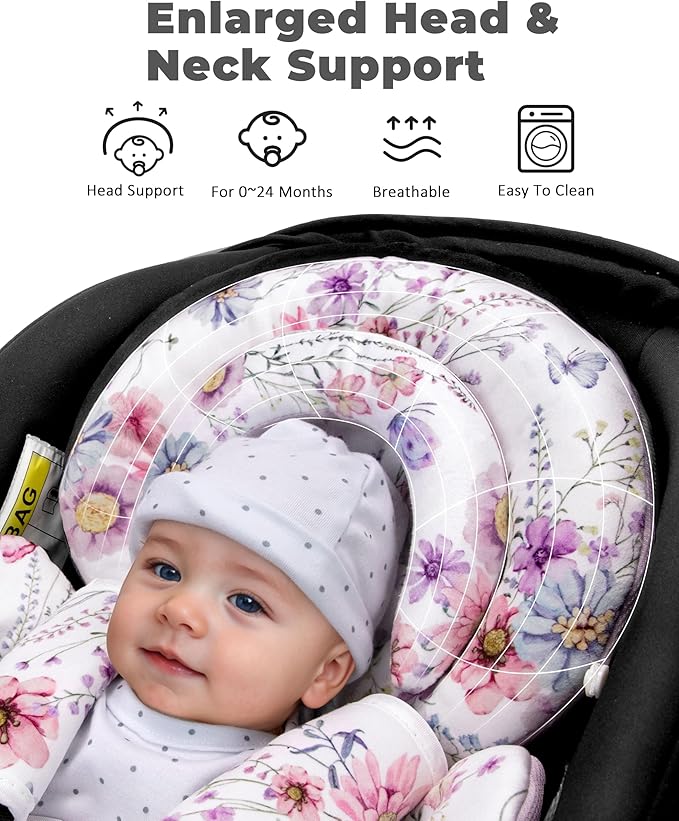 Infant Car Seat Insert with Extra Cushion for Preemie to Toddler, Reversible Newborn Carseat Insert for Baby Head Body Support, Fits for Stroller, Baby Swing, Bouncer (Purple Wildflower)