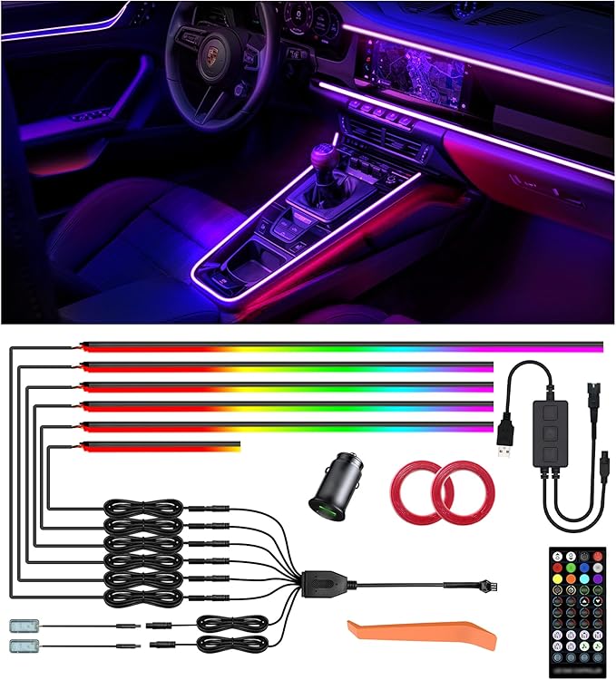 KENANEK 55.12inch Acrylic LED Lights for Car–6 Dreamcolor Interior Car LED Strip Light+2 Footwell Lights,3 Control Methods, Music Sync, Dual USB Cigarette Lighter, Universal Fit for Car/SUV/Truck