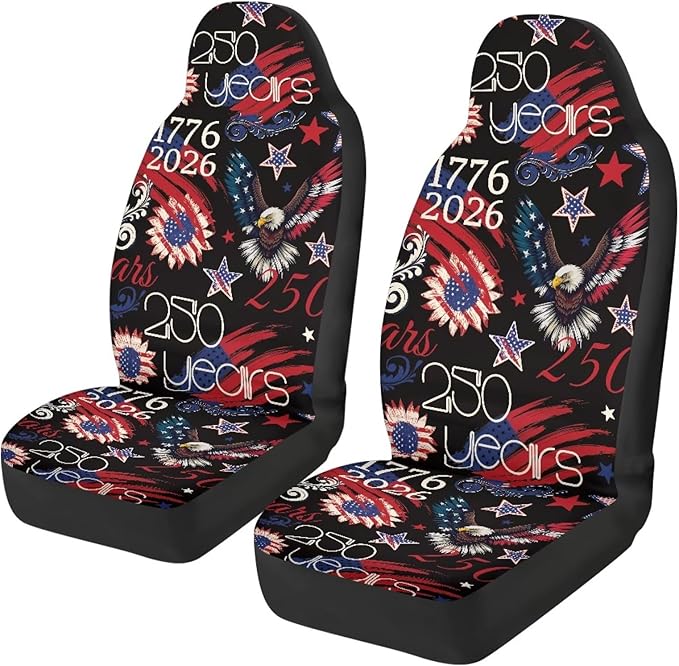 ELEQIN 250 Patriotic American Flag Car Front Seat Covers, 2 Pack Polyester Automotive Seat ProtectorsSoft & Breathable, Automotive Interior Accessories for Most Cars