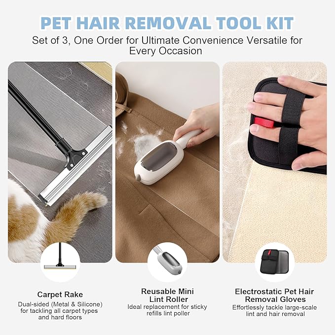 Pet Hair Removal Tool, 3 in 1 Cat Dog Hair Removar Set Including 50" Carpet Rake, Reusable Lint Roller and Static Pet Hair Removal Glove for Rugs,Carpet,Couch,Floors,Furniture,Clothes