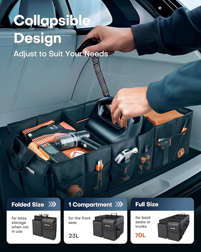HOTOR Trunk Organizer for Car - Car Organizer, Foldable Trunk organizer for SUVs & Sedans, Sturdy Organization for Car Accessories, Tools, Sundries, Black, 3 Compartments, 31.9"×12.6"×10.6"