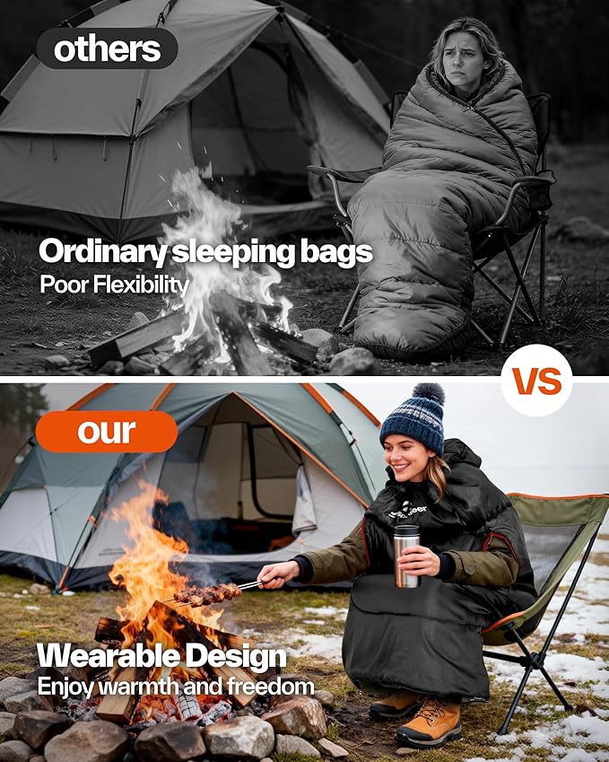 Sportneer Wearable Sleeping Bag for Adults & Kids – Walkable with Arm Zippers, Warm Weather & Cold Waterproof, Compact for Camping, Stadiums, Travel, Backpacking & Car Use