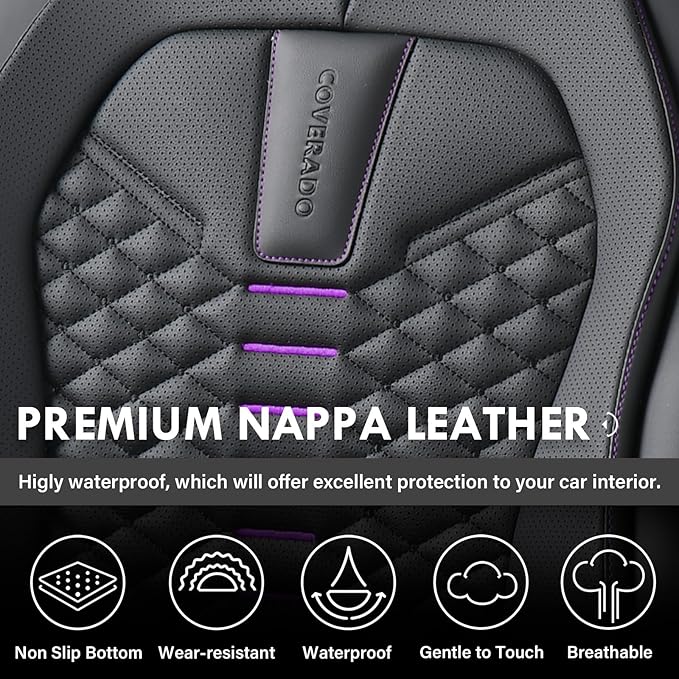 Coverado Car Seat Covers Front Seats, Nappa Leather Black&Purple Car Seat Cover, Automotive Seat Covers, Waterproof Driver Seat Protector, 2 Pack Front Seat Cover Car Seat Cushion Fit for Most Cars