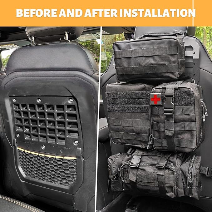 MAIKER 2pcs Tactical Seat Back Molle Panel Compatible with 2021-2026 Ford Bronco, Tactical Rigid Molle Aluminum Insert Panel with 4 Storage Bags and 10 Fastening Tape