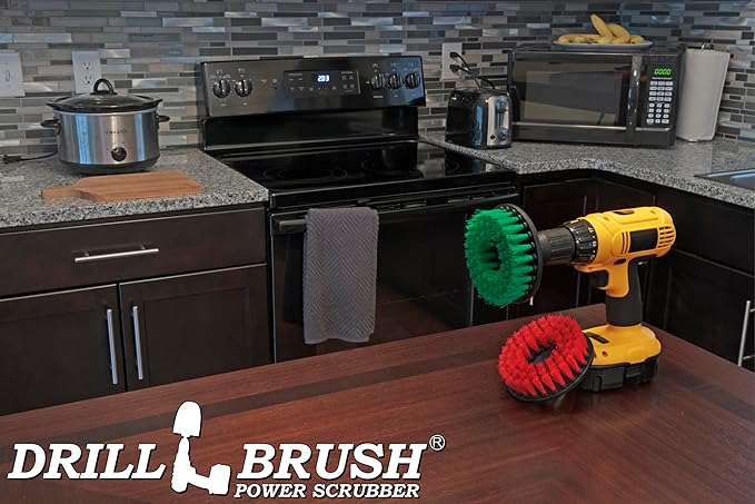Drill Brush - Cleaning Supplies - Medium and Stiff Bristle Brush Kit - Spin Brush - Grout Cleaner - Tile, Counter-tops, Stove, Oven, Sink, Trash Can, Floors - Concrete Swimming Pools, Garden Fountains