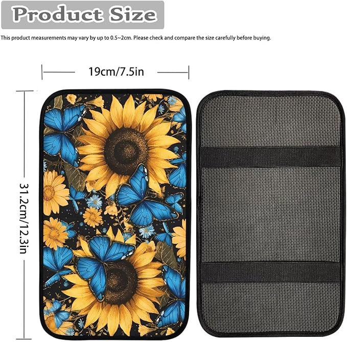 Dreaweet Car Center Console Cover Blue Butterfly Sunflower Print Arm Rest Cover for Car Women Universal Car Accessories Interior Soft Anti Scratch Car Armrest Storage Box Mat