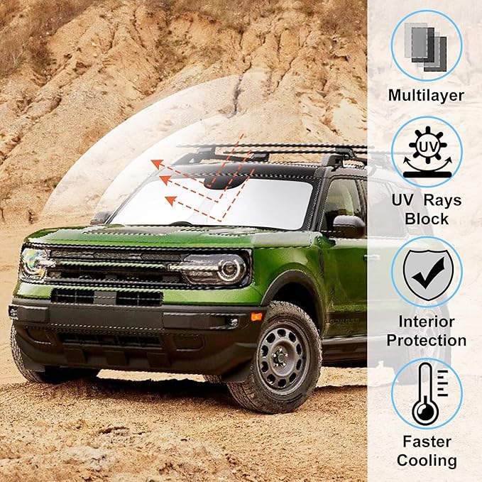Windshield Sun Shade Custom Fit for 2021 2022 2023 2024 2025 2026 Ford Bronco Sport Accessories Foldable Sunshade Sun Blocker Protect Car from Sun Rays & Heat Damage Keep Car Cooler