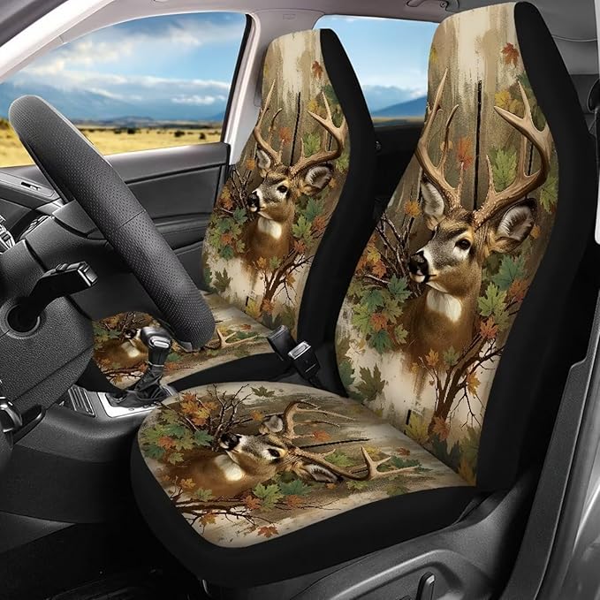 KEIAHUAN Deer Camo Hunting Car Seat Covers for Front and Rear Full Set 4 Piece Universal Front Bucket Seat Cover & Rear Bench Seat Protector Stretchy Breathable for Vans, Trucks, SUVs