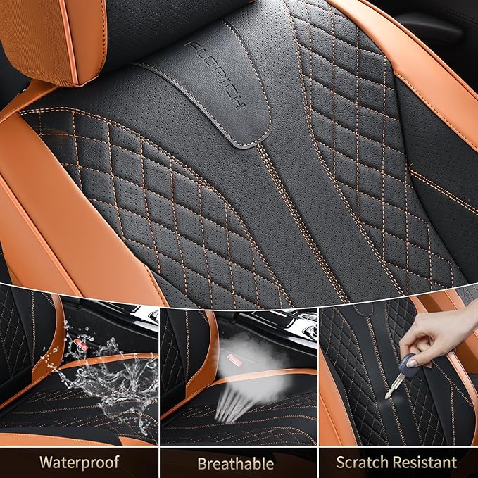 FLORICH Car Seat Covers Full Set Leather Automotive Seat Cover Waterproof 5 Seats Car Seat Protectors Luxury Front and Back Seat Cushions Universal Fit for Most Cars SUV Trucks, Brown&Black