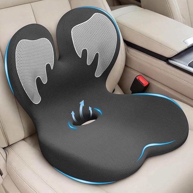 Car Seat Cushion with Lumbar Support for Long Driving Truck RV, 3" Lift Breathable Ergonomic Memory Foam Cushion for Hip, Coccyx, Sciatica, Tailbone & Lower Back Support Vehicles Office Chair (White)