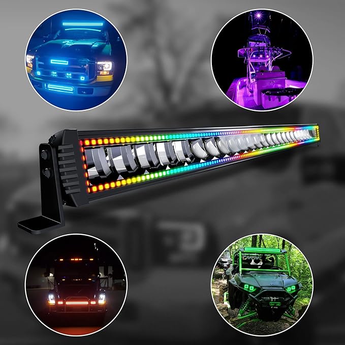 52" RGB LED Light Bar 2Pcs 4" Flood LED Pods with Multi-Color Chasing RGB Halo 16 Solid Colors Over 92 Flashing Modes Offroad Lights Driving Lamp Fog Lights with Switch Wiring Harness