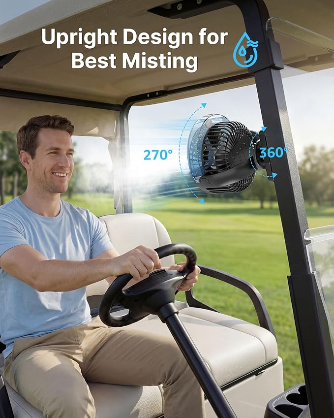 BOYISEN Magnetic Golf Cart Fan with Misting, 12000mAh Battery Operated Portable Fan 4 Speeds, LED Lantern, Universal Fit for EZGO Club Car Yamaha, Cruise Ship Accessories Travel Essentials