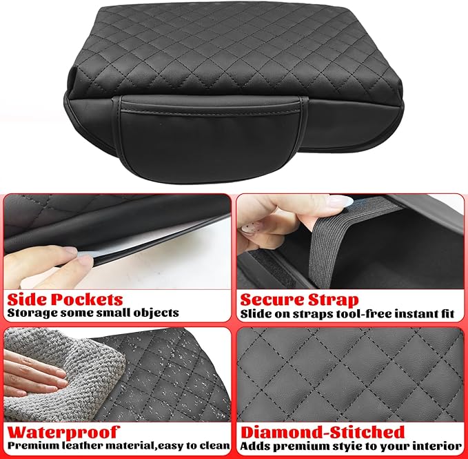 Center Console Armrest Cover Compatible with Ford Explorer 2020-2024 Leather Arm Rest Lid Protector Cushion Pad with Side Pockets Interior Accessories Prevent Scratching Black