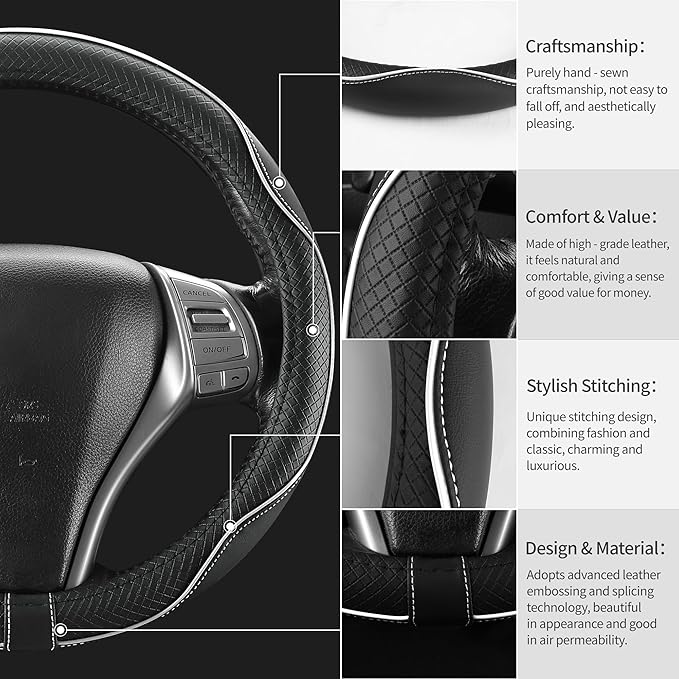 Leather Car Steering Wheel Cover,Anti-Slip, Safety,Soft,Breathable,Heavy Duty,Thick,Full Surround, Sports Style,Universal Car Accessories for Women Men Fit 14" 1/2-15"(Black with White line)