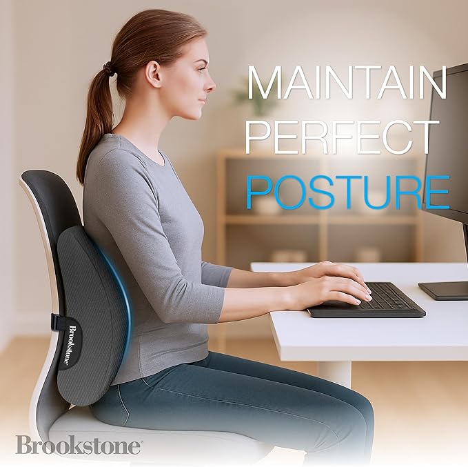 Brookstone - Luxurious Lumbar Support Pillow for Car or Office Chair, Back Cushion with Premium Grade Memory Foam, Breathable and Washable Cover, Adjustable Strap
