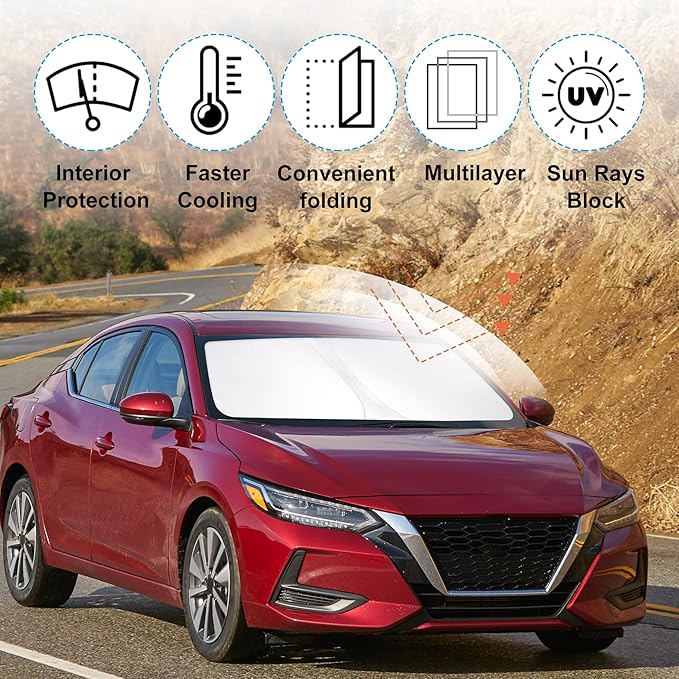 Windshield Sun Shade Custom Fit for 2020 2021 2022 2023 2024 2025 Nissan Sentra Sedan Accessories Foldable Sunshade Sun Blocker Protect Car from Sun Rays & Heat Damage Keep Car Cooler