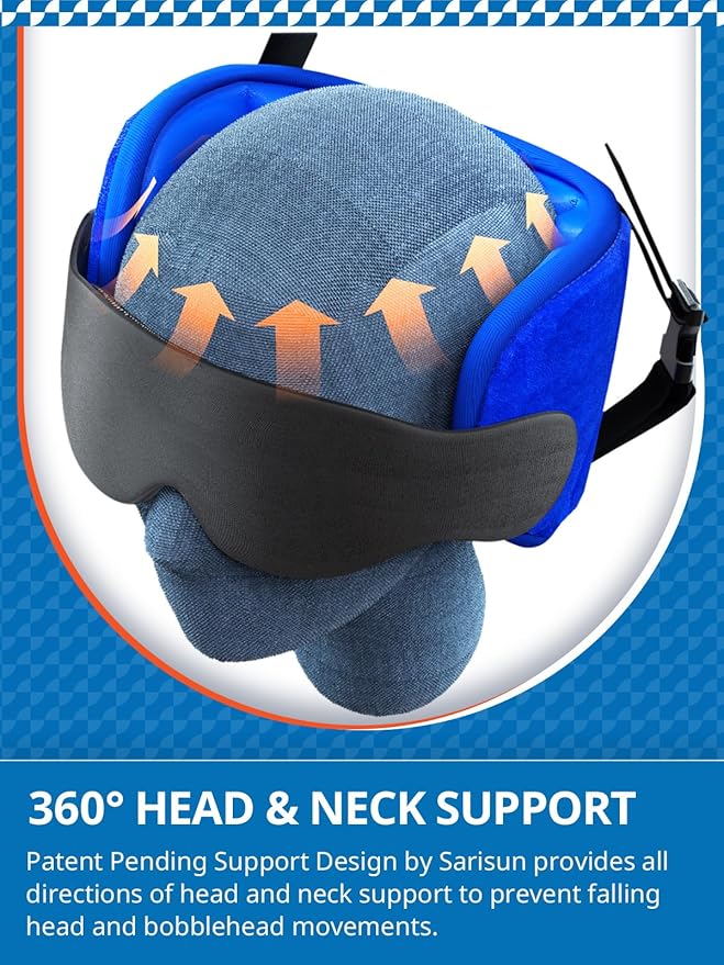 Travel Pillows for Airplanes, Airplane Pillow with 3D Eye Mask for Sleeping, 360° Support Headrest for Long Flight, Road Trip, Stop Bobblehead Travel Essential Airplane Sleep Head Strap, Blue