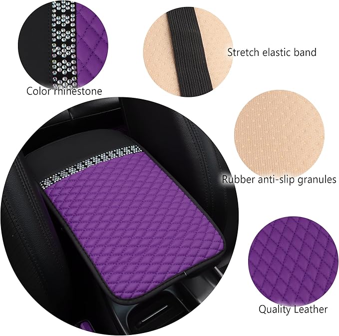 Bling Leather Car Armrest Box Cover,Car Center Console Protector with Colorful Crystal Rhinestones,Anti-Scratch Waterproof Car Armrest Seat Pad for Most Car,SUVs,Trucks (Purple)