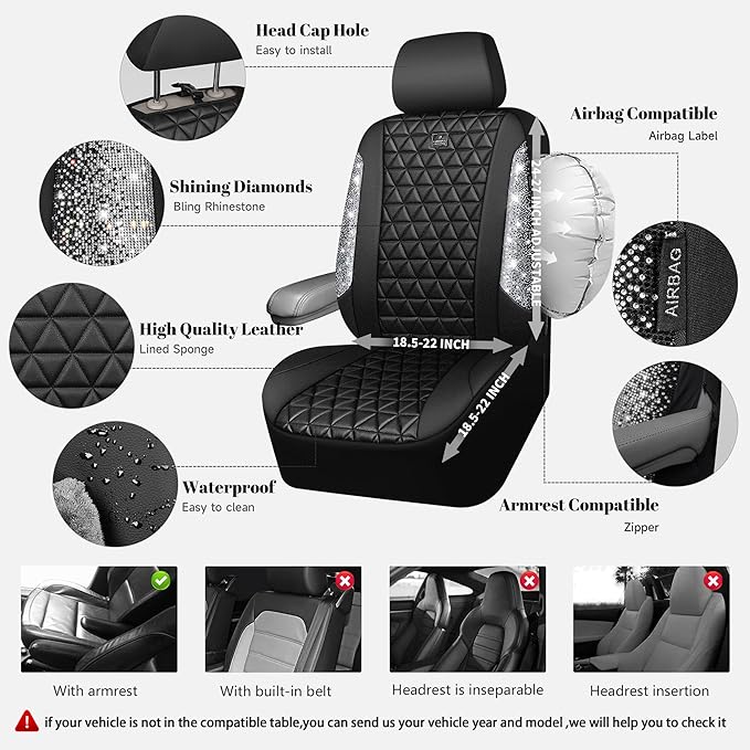 CAR PASS Bling Diamond Leather Car Seat Covers Full Seats Interior Sets, Waterproof Shining Glitter Sparkly Crystal Universal Armrest Fit Automotive Truck SUV Cute Women Girl, Black Silver Rhinestone