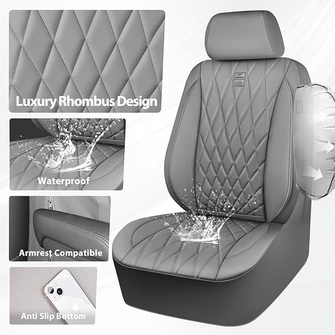 CAR PASS Piping Luxury PU Leather Two Front Car Seat Covers, Waterproof Anti Slip Seat Covers Compatible with Front Seat Armrests,Universal Fit for Suvs,Vans,Trucks,Airbag Compatible(All Gray)