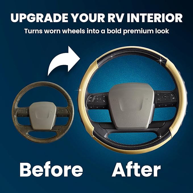 18-Inch RV Steering Wheel Cover for Class A Motorhome – Premium Leather Grip, Anti-Slip & Breathable Design, Comfort Motorhome Accessories for Long Trips, Universal RV Accessories Upgrade - Tan