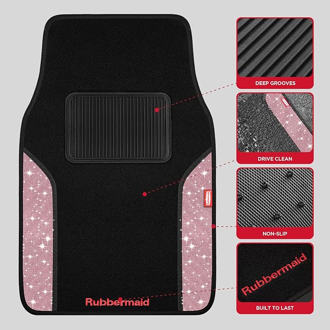 Rubbermaid Bling Car Mats, Carpeted Floor Car Mat with Faux Leather & Built-in Heel Pad, Two-Tone Car Rug Floor Mats, Stylish Carpeted Floor Mats for Cars, Trucks & SUVs Glitter Pink Color