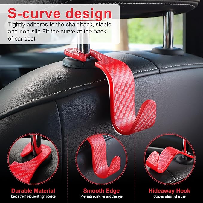 LivTee Car Purse Hook, Headrest Hook for Car, 4 Pack Universal Auto Car Seat Headrest Hook Hangers Organizer for Purse Coat Umbrellas Grocery Bags Handbag, Car Accessories - Carbon Fiber Red