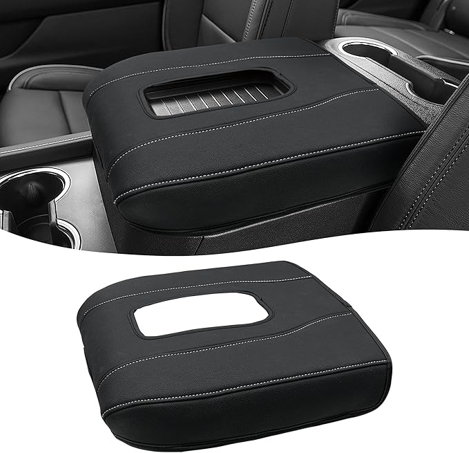Center Console Armrest Cover for Chevy Silverado 1500 Accessories & GMC Sierra 2019-2026, Yukon & Tahoe & Suburban 2021-2026, Bucket Seat, Comfort Arm Rest Cushion Pad, Black-Gray Stitch