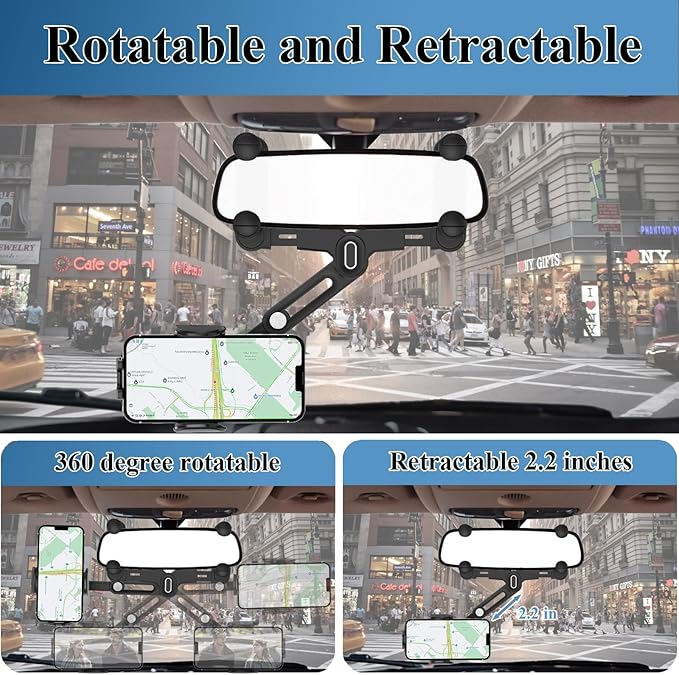 Car Phone Holder Mount, Rear View Mirror Phone Holder, Rotatable and Retractable Phone Holders for Your Car Compatible with iPhone Samsung All 4-7 Inch Cell Phones