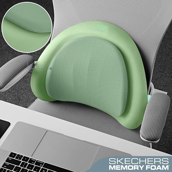 Skechers Lumbar Pillow Premium Memory Foam, Double-Layer-Office Chair Cushion for Tailbone Pain Relief,Butt Pillow for Office Chair,Car seat Cushion,Long Sitting Office Workers,and Car Drivers,Green
