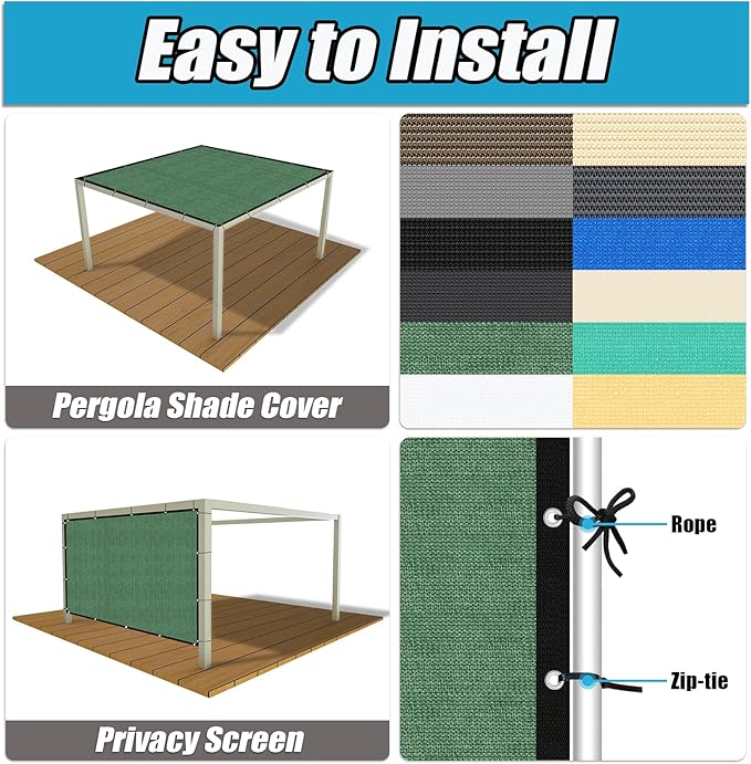 Amagenix 90% Pergola Shade Cover 7' X 18' Sun Shade Cloth with Grommets for Outdoor Garden Patio Porch, Commercial Grade 200 GSM - Cable Zip Ties Included (We Customized) GN108, Green