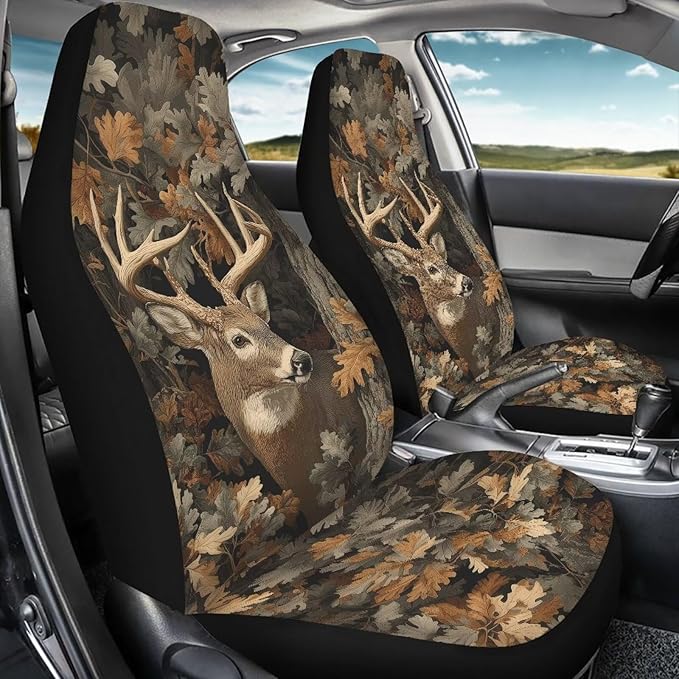 KEIAHUAN Car Seat Covers for Front and Rear Seat Full Set of 4 Pcs Camo Deer Hunting Design Front Saddle Blanket Rear Split Bench Protection Cover Automotive Interior Accessories