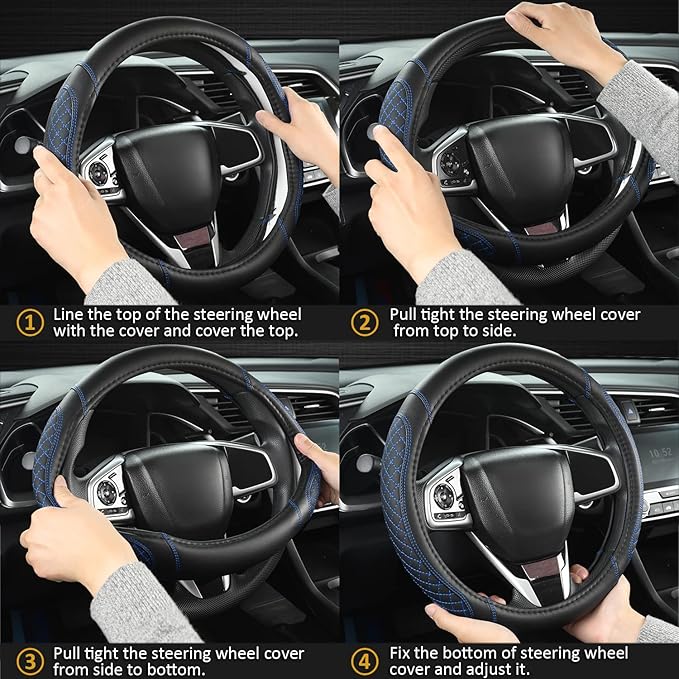 West Llama Customized Auto Car Steering Wheel Cover for Jeep Grand Cherokee,Wrangler,Compass,Gladiator,Cherokee 14.5-15 inches (Diamond Quilted-Black+Blue-Standard Size)