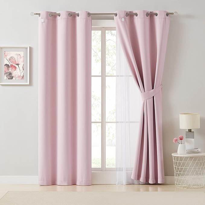 Bujasso Pink Blackout Curtains with Sheer Overlay Mix and Match Double Layer 80% Room Darkening Window Treatment Set for Girls Bedroom Living Room Pink Drapes with Tiebacks Grommet Top 54" Wx63 Lx2