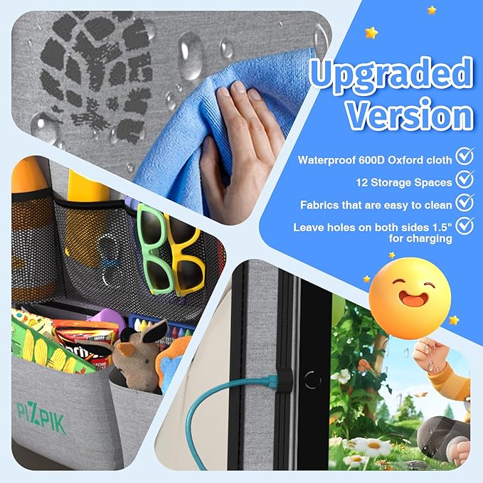 Plzpik Car Backseat Organizer with Tablet Holder,11 Storage Pockets with Foldable Food Tray, Protector Kick Mats for Kids, Travel Accessories Organizer (Gray, 2-Pack)